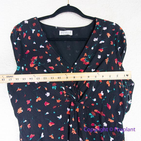 Estelle black red floral print mini dress twisted front, elastic waist,‎ size M - Picture 5 of 9